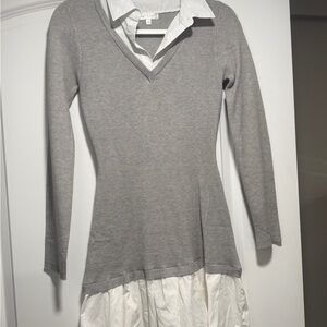 Gray V-Neck Sweater Dress with White Layer
